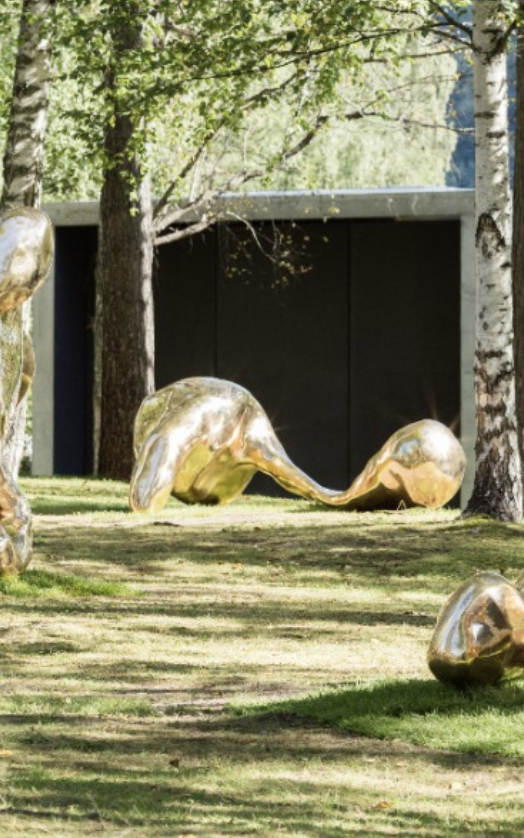 Three sculptures, gold, shiny, abstract forms